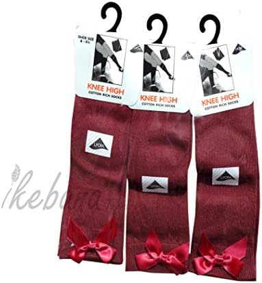 Bow Knee High 3 pairs School Girls &amp; Kids Plain Long Length Cotton Stretch With all size &amp; colour (Set of 3 pairs) (UK 9-12 (EU 27-30), Wine)