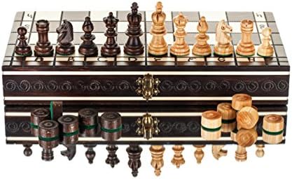 OLYMPIC CHERRY CHESS &amp; DRAUGHTS - 35cm / 14in Handcrafted Wooden Chess Set with Checkers
