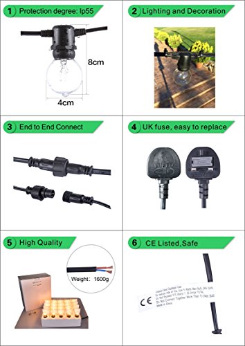 Lichterkette mit 25 Glühlampen Garten Außen- und Innenbereich 25 ft Warmweiß, End-to-End – CE Listed Wasserdicht (Incandescent Bulbs Included) EU Plug - 2