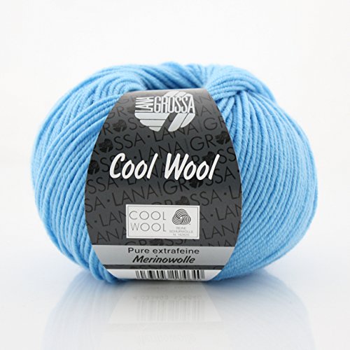 Cool Wool Lana Grossa * Cool Wool Fb 2031 * 1 Knäuel Wolle blau - Nadelstärke 3-3,5 mm - Lauflänge 50g/160m - mit GRATIS MyOma-Label - Merinowolle stricken und häkeln – Farbe babyblau