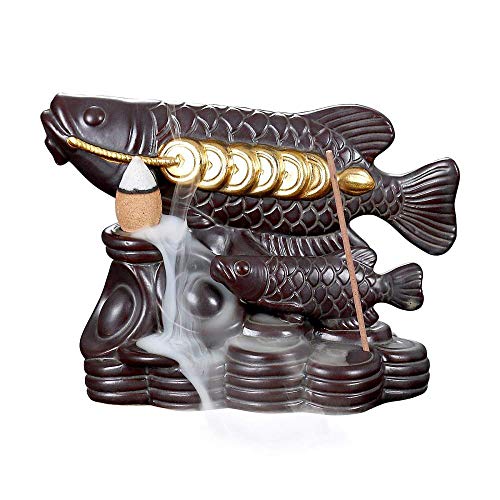 Incense Stick Holder, Backflow Incense Burner Incense Cone Burner Ceramic Backflow Incense Holder Office Home Decoration Handicraft Gift with 10 Free Cones Fish and Gold
