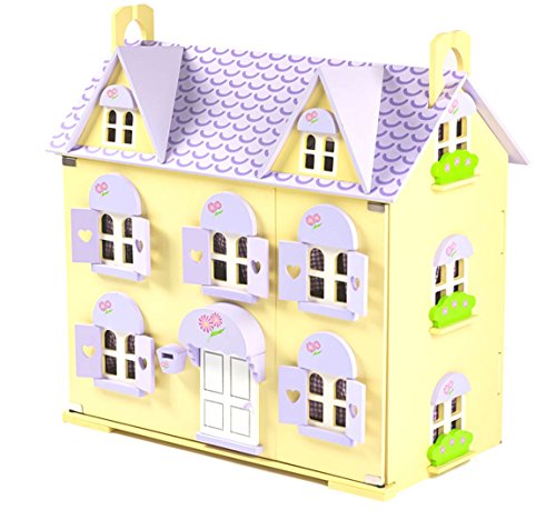 Berrybee Cottage Children's Wooden Dolls House with Stairs & Curtains ♦ Large purple doll house for children