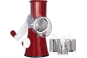 ZEALBEA FOCUS Rotary Cheese Grater Manual Cheese Rotary Grater Round Mandoline Slicer Grinder with 3 Inner Adjustable Blades Super Vacuum Suction Base (Red)