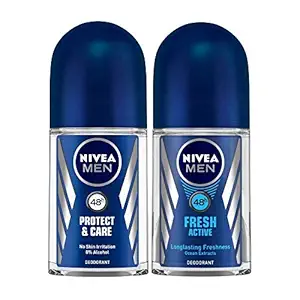 NIVEA Deodorant Roll On, Protect & Care, 50ml And NIVEA Men Deodorant Roll-On, Fresh Active Original, 50ml