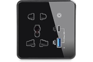 WALLPOINT Black Wall Power Single Socket with Type-A & Type-C 20W Dual USB Fast Charger with Touch Sensor Key Main Switch