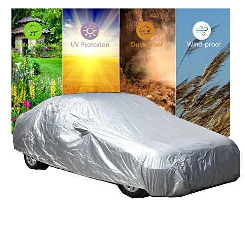 HHD® Housse Auto, Housse Auto Voiture, bache pour voiture, Housse de Protection Couverture Etanche Protection de Neige et D'ombrage de Soleil Pluie UV Extérieure Pour Tous les Saisons 480 x 175 x 120cm, argent