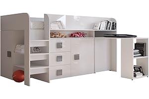 MEBLE KRYSPOL KRYSPOL Etagenbett für Kinder Toledo 1 Stockbett mit Treppe und Bettkasten (Weiß + Weiß Glanz + grau Griffe)