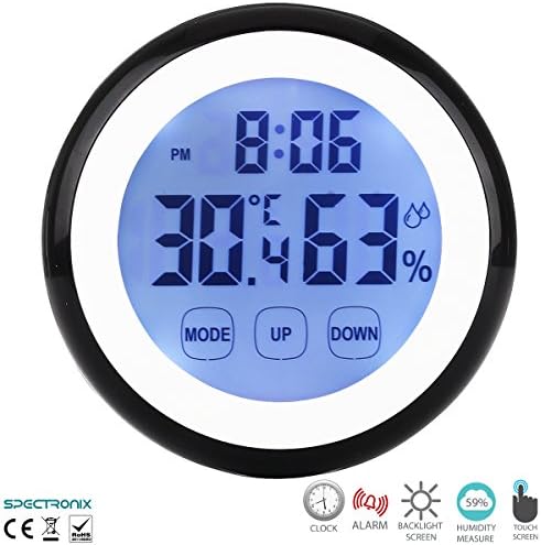 Spectronix Touchscreen Digital Indoor Home Comfort Monitor | Displays Room Temperature, Humidity &amp; Time with Alarm | LCD &amp; Backlight Display with Magnetic Back | Hygrometer for Home &amp; Office - Clock Version (Black)