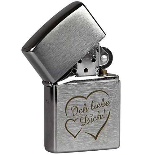 Original Zippo Feuerzeug mit Lasergravur „Ich liebe Dich + Herzen“ Gravur Brushed Chrome Benzinfeuerzeug - 2