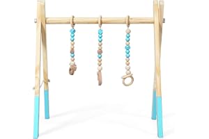 COSTWAY Baby Gym, träbäddsgym med 3 tandleksaker för hjärnutveckling och sensorisk stimulering, vikbart aktivitetscenter av naturmaterial, nyfödd gåva till barn över 3 månader