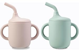 PandaEar Pack of 2 Silicone Drinking Cups from 6 Months with Straw and Handles Lid, Leak-Proof Baby Drinking Cup, Children's Cup, Sippy Cup (Pink Green)