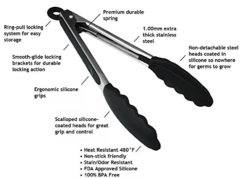 grillzange mit integriertem Standfuß – küchenzange aus hochwertigem edelstahl und lebensmittelqualität silikon – servierzange für sauberes Ablegen beim Kochen – rutchfest & hitzebeständig universal zange mit intelligenten sicherungsclip – Das Beste küchenhelfer zum kochen, servieren, Grill, Buffet, salat, Eis, Ofen (2er Set/ 23cm&30,5cm) - 5