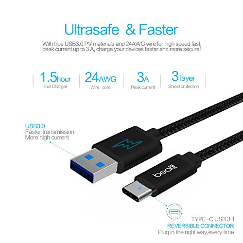 Beatit USB Type C Cable–Lifetime Guarantee–Nylon Braided USB C Cable Quick Charge and Data Sync 3.0A Current Full Speed USB C To USB 3.0 With Reversible Connector for New Macbook pro , Nexus 6P/5X, One Plus 2/3, Nokia N1, Google ChromeBook Pixel,Huawei p9 Mate 9 pro (6.6ft Black) - 4