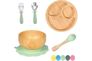 77STAR 77 Star Bamboo Baby Weaning Set, Baby Suction Bowl, Suction Plate Baby, Spoon & Fork, Strong Detachable Suction Base Baby Feeding Set, Non-Slip Bamboo Bowl & Baby Plates with Suction (Mist)