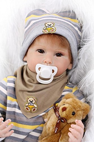 Nicery Reborn Baby Doll Soft Simulation Silicone Vinyl 22inch 55cm Magnetic Mouth Lifelike Boy Girl Toy Brown Bear