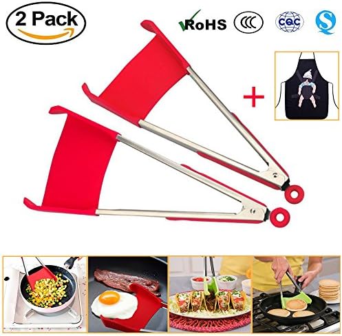 2 Psc Kitchen Premium Silicone Tongs - 2 in 1 Multipurpose Kitchen Spatula and Tongs | Non-Stick, Heat Resistant, Stainless Steel Frame, Handy Utensil For Cooking, Serving, Barbecue, Buffet, Salad, Ice, Oven (Red)