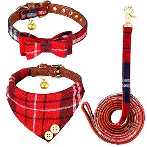 Bow Tie Dog Collar and Leash Set 3 PCS Cute Red Classic Plaid Adjustable Pet Puppy Collars Bandana with Bell for Small Large Dogs and Cats Outdoor