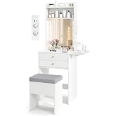 RELAX4LIFE Makeup Vanity with Sockets, Adjustable LED Light and Mirror | Storage Stool, Folding Table, 2 Drawers, 2 Shelves a