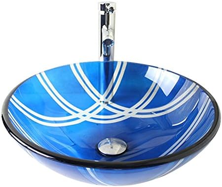 Homelavafans Fashion Bathroom Round Blue Tempered Glass Basin Sink High upright Faucet Set