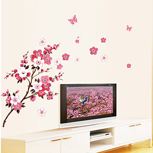 Qianxing abnehmbares wiederverwandbares schöne entspannte Landschaft Wandbild Wallsticker Blumen und Baum Serie Wandtattoo Aufkleber für Sofa und Fernsehen im Wohnzimmer Deko Wandpapier(Pfirsichblüte)(120*50) - 6