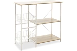 MEYVASER.COM ECOMMERCE COMPANY Meyvaser Estanteria de Cocina, Estantería para Microondas con 2 Cestas de Malla Metálica Blanca, 3 Estantes y Ganchos 80x34x75cm Color Madera y Blanco