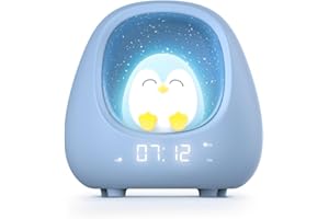 Bigben Veilleuse Réveil Enfant Pingouin, Lumineux et Musical, Sons Apaisants et Bruits Blancs, Lumière Réglable au Toucher, Minuterie et Batterie Rechargeable USB-C, Fille et Garçon - NESTKIDSPENGUIN
