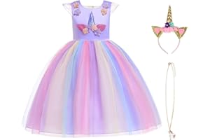 URAQT Disfraz Unicornio Niña, 3pcs Vestido Princesa con Diadema y Collar para Diario, Cosplay, Halloween, Carnaval, Fiesta, Boda, Cumpleaños