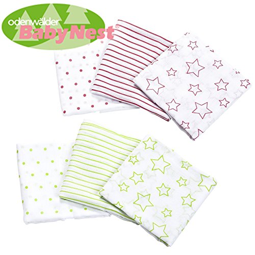Preisvergleich Produktbild Odenwälder BabyNest Stoffwindeln / / Doppel-Mullwindeln / / Spucktuch / / 6er Pack Stars Girl / / Praktische Größe 80x80 cm / / Premium Qualität