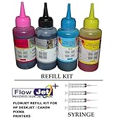Flowjet Photo Quality Refill Ink Bottle Kit with 4 Syringe and Needles For Refilling HP 21 22 802 803 680 678 46 704 703 900 Inkjet Printer Cartridge
