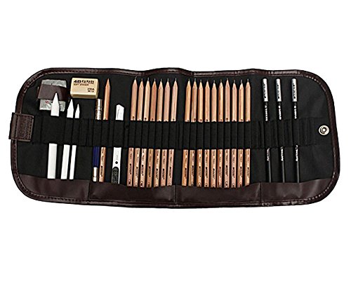 KOBWA Professionelle Marco 100% Log Anti-Brechen Artist 18 Stück Skizze Bleistift Set, Portable Multifunktions-Bleistift Skizze Anzug mit Eraser, Cutter, Knife Bleistift und Leinwand Roll-up Bleistift Tasche, Beliebt Essential Painting Tool Sketch-set, Beste Geschenke für Zeichnung Lover Anfänger
