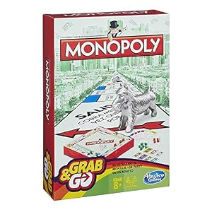 Hasbro Gaming Grab & Go, Monopoly, Juego de Mesa en Formato Viaje, Ideal para Fiestas con Familia y Amigos, Dinero de Juguete, para Niños y Niñas, Juguete para Fiestas
