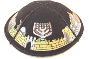 ROUND DESIGNS Yarmulke kippa Daim Noir 16 cm de diamètre de Haute qualité Jérusalem Dessin d'une Menorah