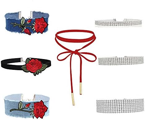 MingJun 7Pcs Embroidery Red Rose Vintage Lace Rhinestone Choker Set Gothic Elastic Lace-up Velvet Denim Necklaces for Women Girls