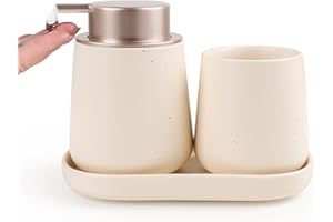 Umlaca Badezimmer Set Beige, 3-teiliges Badezimmer Zubehör Set aus Keramik, Dekoratives Badzubehör Enthält Seifenspender Zahnputzbecher & Badablage für Schmuck, Geeignet für Bad (Flüssigseifenspender)