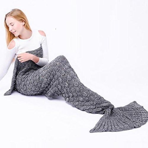 VICTORIALIU Handmade Knitted Mermaid Tail Blanket Adult, Soft Warm Sleeping Bag All Seasons Crochet Mermaid Blanket Living Room Sofa Quilt for Birthday Festival Women Girl Kids Best Gift(Grey)