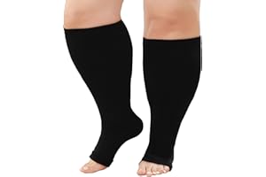 ZFSOCK Calcetines Compresion Mujer Hombre: Medias de Compresión Tallas Grandes Pantorrilla Ancha Punta Abierta 20-30 mmHg para Obesas Embarazada Venas Varicosas Deportes XXL-7XL Negro Beige 1 Par