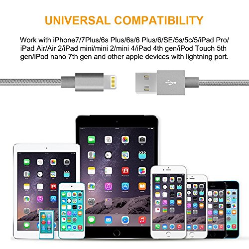 Nylon iPhone Lightning Ladekabel-[Lebenslange Garantie]-TUOYA Nylon Apple iPhone Lightning to USB3.0 Datenkabel, Hi-Speed Sync und Schnelles Lightning Ladekabel Syncwire mit 8 Pin Aluminium Steckerr für Apple iPhone 7/ 7 Plus/ 6s/ 6s Plus/ 6/ 5/ SE/ iPad Air/ iPad 4/ iPad mini/ iPod nano 7/ iPod (2pack-6,6ft/2m, Grey) - 5