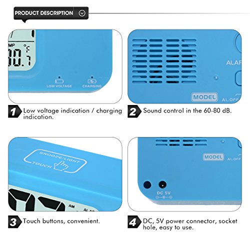 KING DO WAY USB Intelligentes Wecker LED Digital Uhr Große Display Voll Funktions Snooze, Triple-Alarm, Temperatur-Anzeige, Smart Licht USB-Aufladung Umweltschutz JC1908 Blau - 6