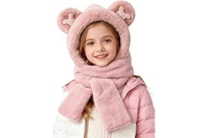 ITODA Enfant 3 en 1 Chapeau Écharpe Gant Set Hiver Bonnet en Peluche Mignon Chapeau Capuche avec Oreilles d'ours Casquettes Printemps Hiver Garçon Filles 5-12ans Multifonction pour Sports en Plein air