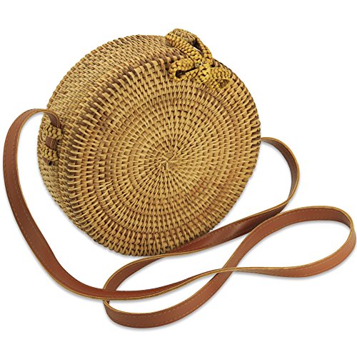 GraceFINE Borsa a mano in rattan Borsa a mano rotonda intrecciata a mano in rattan con cinturino in pelle
