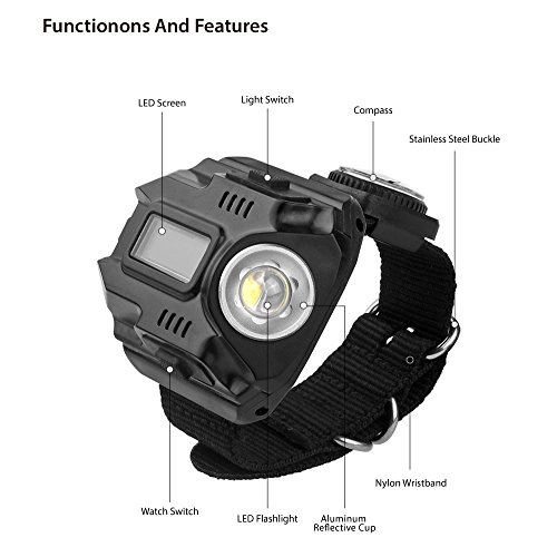 LED-Uhr, wiederaufladbar, wasserdicht Armbanduhr Taschenlampe Handgelenk Lampe 4 Modus SOS Zeit Display mit Kompass für Laufen Bergsteigen Camping Überleben Wandern Jagd Patrol - 9