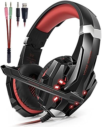 Gaming Headset ArkarTech For PS4 Playstation 4 PC Xbox One Laptop Mac Nintendo Switch Computer Games, Noise Isolation/ LED Light/ Bass Surround Stereo/ SoftEarmuffs Over-ear Headphones with Mic (Red)