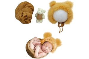 SURAKEY 3 Stück Baby Neugeborenen Fotografie Prop Wraps Baby Hut & Bär Puppe,DIY Baby Foto Requisiten Wraps & Fotografie Hut,Säugling Baby Wrap Decke Baby Kostüm Hut Headwrap Fotoshooting für 0-6 Monate Baby