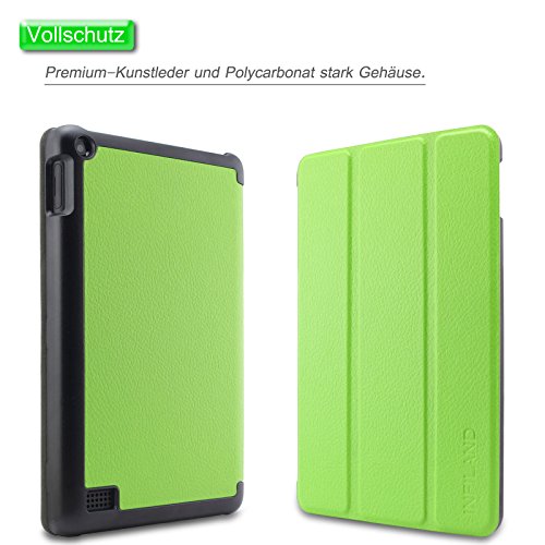 Fire 7 Zoll 2015 Hülle Case, Infiland Fire 7 Zoll Huelle Ultra Dünn Tri-Fold Muschel PU Leder Ultra Schlank Superleicht Ständer Shell Cover Schutzhülle Etui Tasche für Amazon Fire 7 Zoll 2015 (7-Zoll-Tablet, 5. Generation – 2015 Modell)(Grün) - 2