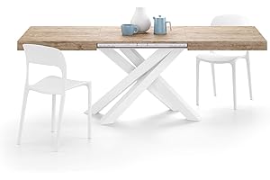 Mobili Fiver, Tavolo Allungabile Emma 140(220) x90 cm, Quercia con Gambe Incrociate Bianche, per 6-10 persone, Tavolo Cucina, Soggiorno, Made in Italy