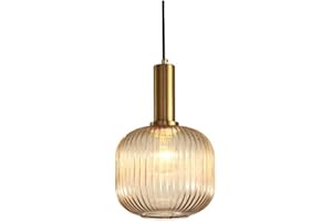 HJXDtech Lampadario a sospensione industriale vintage in vetro a coste, lampada da soffitto moderna in ottone lucidato retrò per cucina salone camera da letto (Ambra, 20cm)