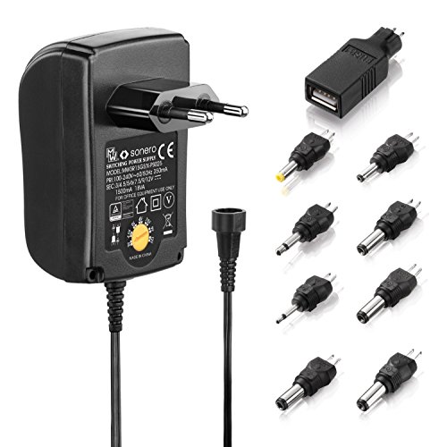 conecto Universal Stecker Netzteil (3V - 12V Drehschalter, energiesparend und umweltfreundlich für eine stabilisierte Stromversorgung von Elektrokleingeräten) mit 9 Adaptern inkl. USB, max. 1500mA, schwarz
