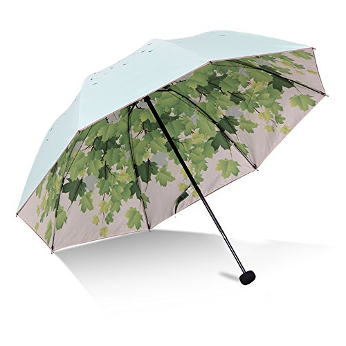 Green Tree Leaf Folding Travel Sun Umbrella Sunblock Uv Protection Upf 50 Rain Resistant Compact Size Parasol Fold Into Purse Green