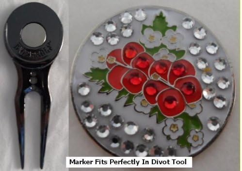 Hibiscus Crystal Golf Ball Marker &amp; Black Slick Divot Tool