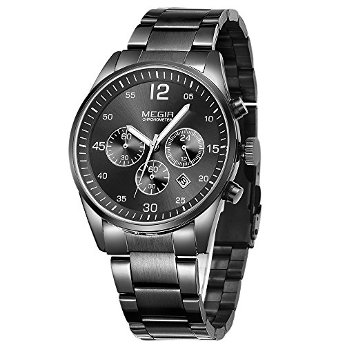 Megir Watches Herren-Armbanduhr, schwarzes Edelstahl-Band, Chronograf, Quarz-Armbanduhr, lssiger Stil Megir Watches Herren-Armbanduhr, schwarzes Edelstahl-Band, Chronograf, Quarz-Armbanduhr, lssiger Stil